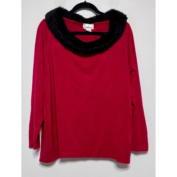 Ambra Old Hollywood Faux Fur Trim Red Sweater Size 3X Holiday Glam Retro 90s - Picture 1 of 4